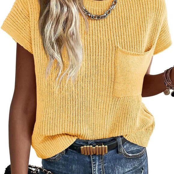 Summer Short Sleeve Sweater for Women 2025 Crew Neck Ribbed Knit Vests Trendy Pu - Picture 1 of 6